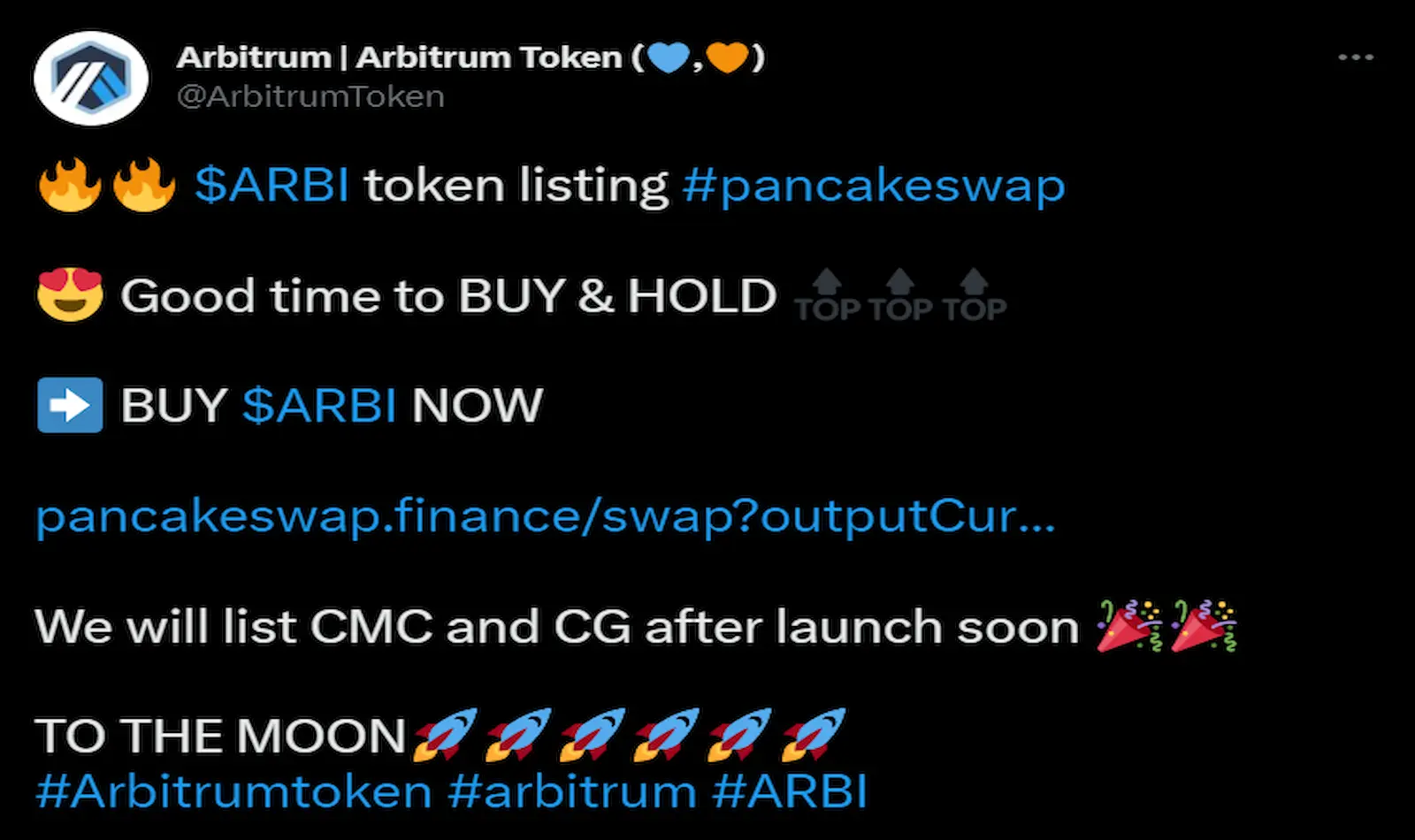 Arbitrum shared the ARBI token listing announcement on Twitter.