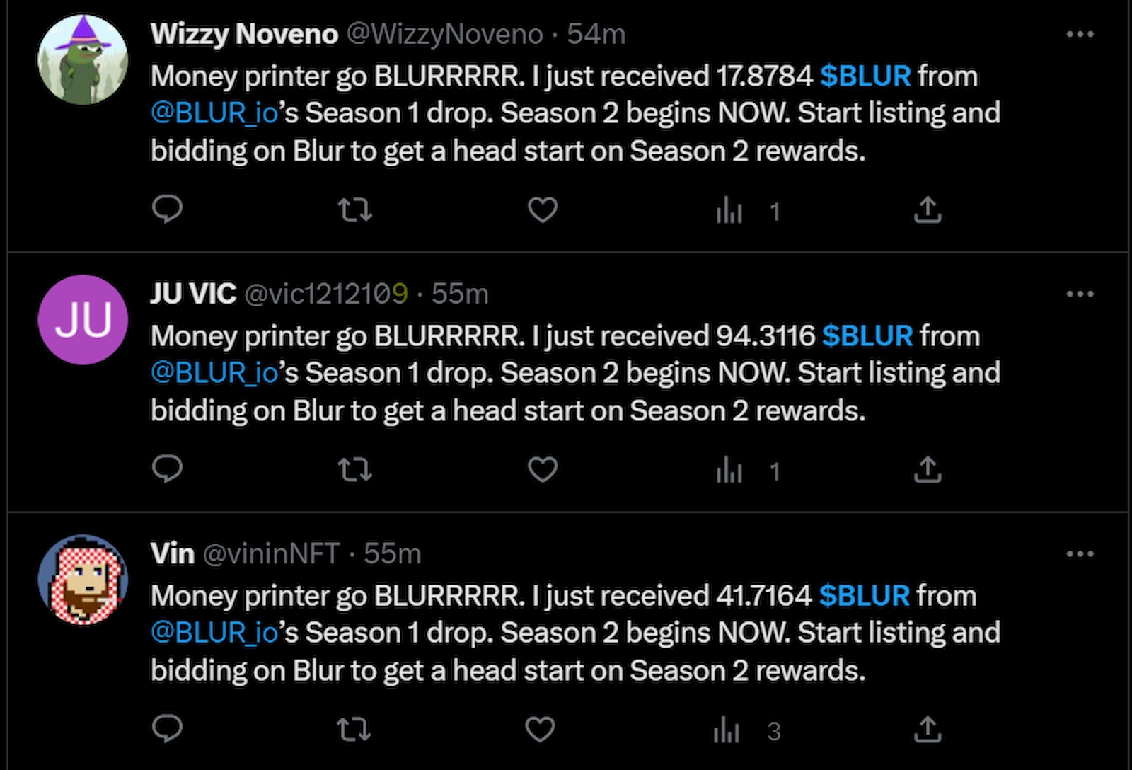 Several accounts were busy shilling the BLUR coin.