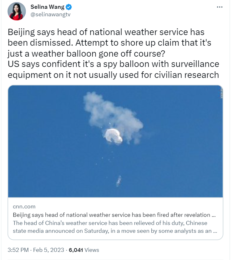 Beijing fired the head of its national weather service over the Chinese spy balloon fiasco. US President Joe Biden ordered the Pentagon to shoot the balloon down.