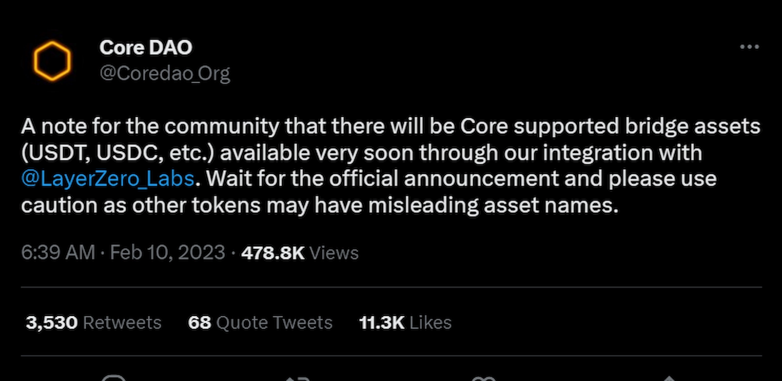 CoreDao announced support for bridge assets on its mainnet.