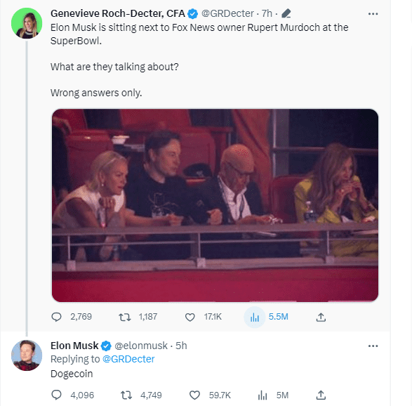Elon Musk said he discussed Dogecoin  (DOGE) with Rupert Murdoch at the Super Bowl 