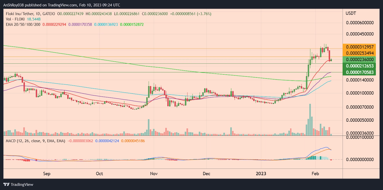 FLOKIUSDT daily chart with MACD