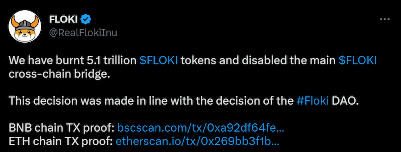 Floki Inu shared it disabled its cross-chain bridge.