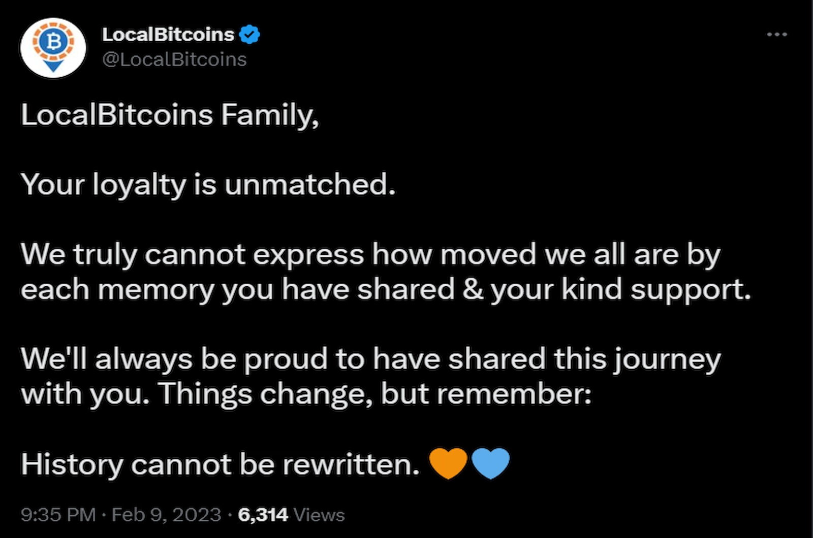 LocalBitcoins shutting down was a emotional event for the firm.