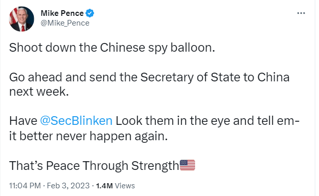 Former US Vice President Mike Pence wants Anthony Blinken to fly to China after the Biden Administration refused to shoot down the Chinese spy balloons 