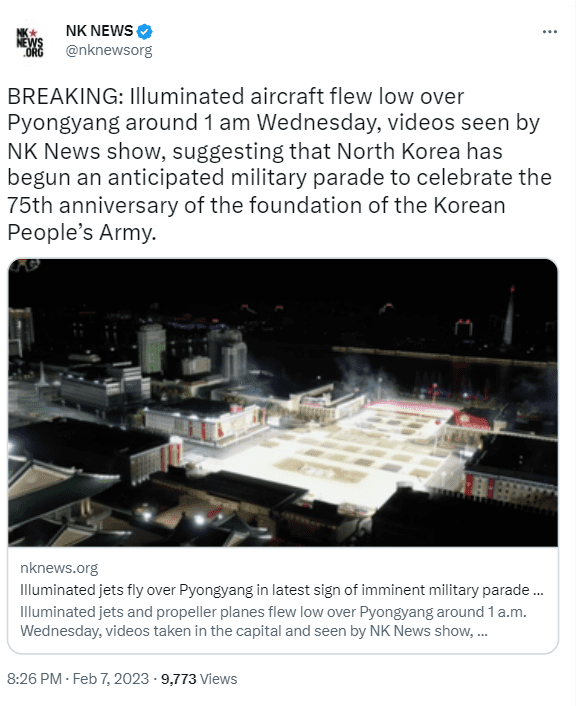 North Korea will hold a large military parade to mark the 75th anniversary of the formation of its armed forces