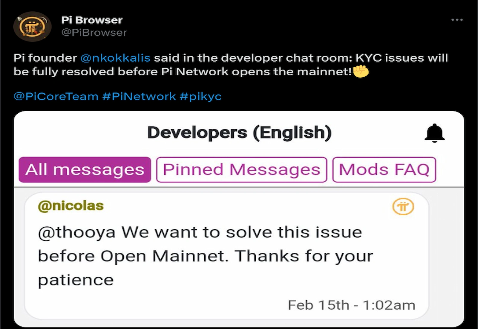 Pi Network co-founder Nicolas Kokkalis claimed that the KYC issues are the only hindrance to the Pi Network open mainnet.