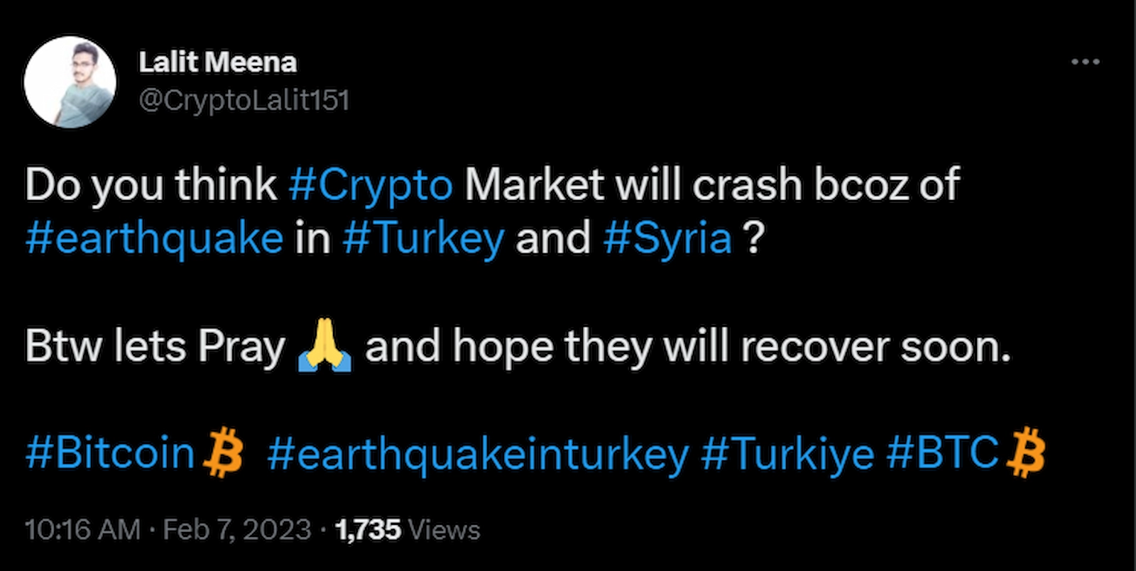 Indian crypto Twitter influencer seemed more worried about the crypto market than the victims of earthquake in Turkey and Syria.