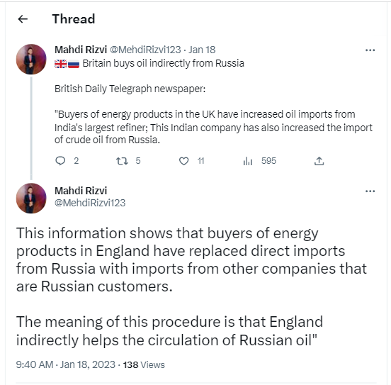 The United Kingdom indirectly imports Russian oil from India 