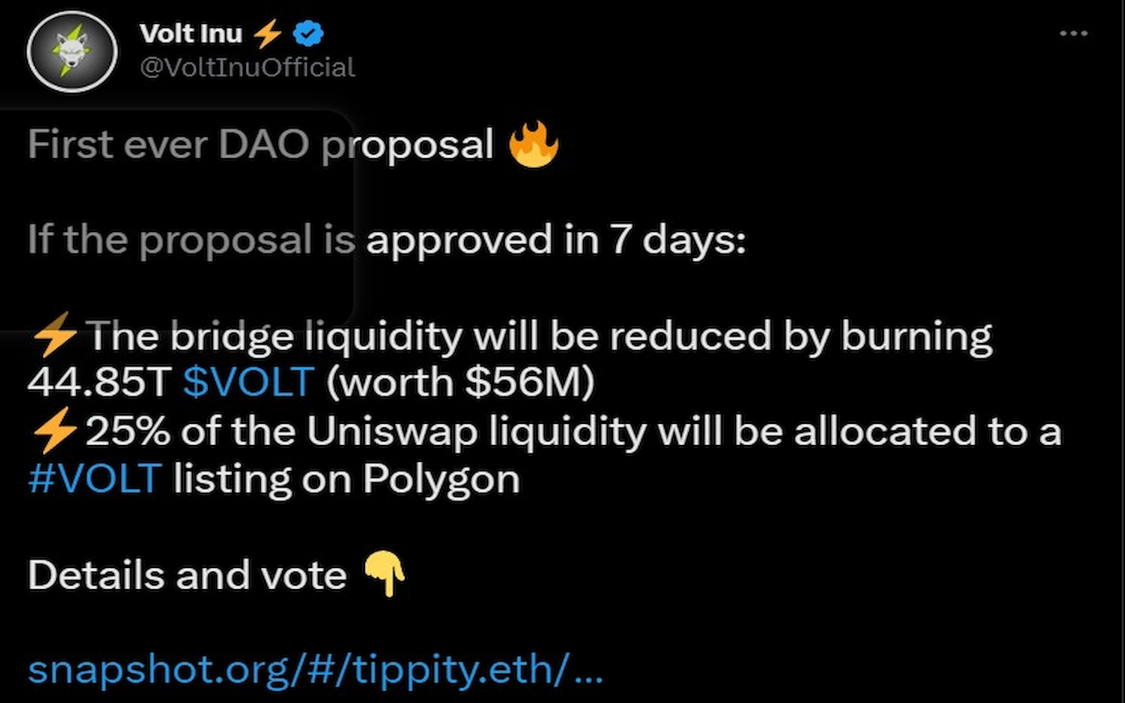 Volt Inu announced plans for a burn event and possible listing on Polygon