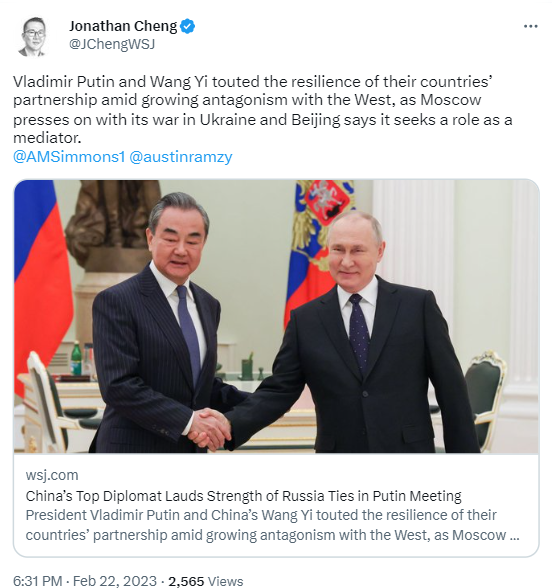 Top Chinese Diplomat Wang Yi is on an official visit to Moscow  ahead of the anniversary of the Russian invasion of Ukraine