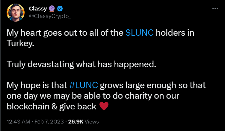 LUNC validator Classy would probably pray only for LUNC-holding victims. 
