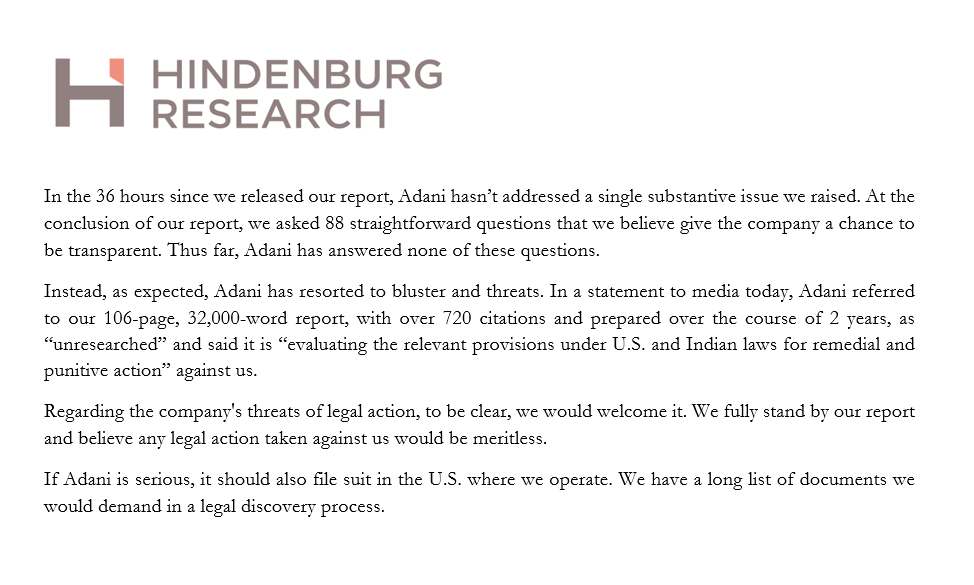 Phản hồi của Hindenburg Research đối với câu trả lời của Adani