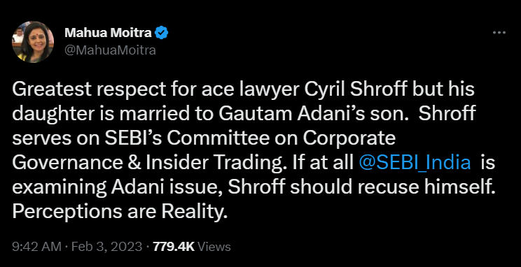 Mahua Moitra called for Shroff to recuse himself from the committee. 