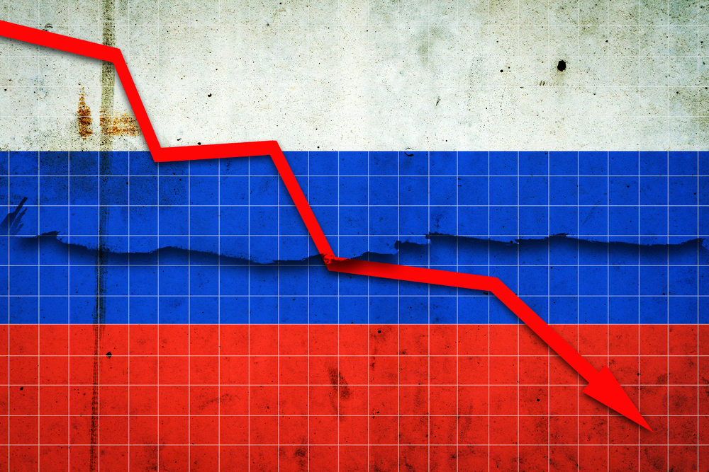 Fall of the Russia Economy. Recession graph with a red arrow on the Russia flag. Economic decline. Decline in the economy of stock trading. Downward trends in the economy. Business.