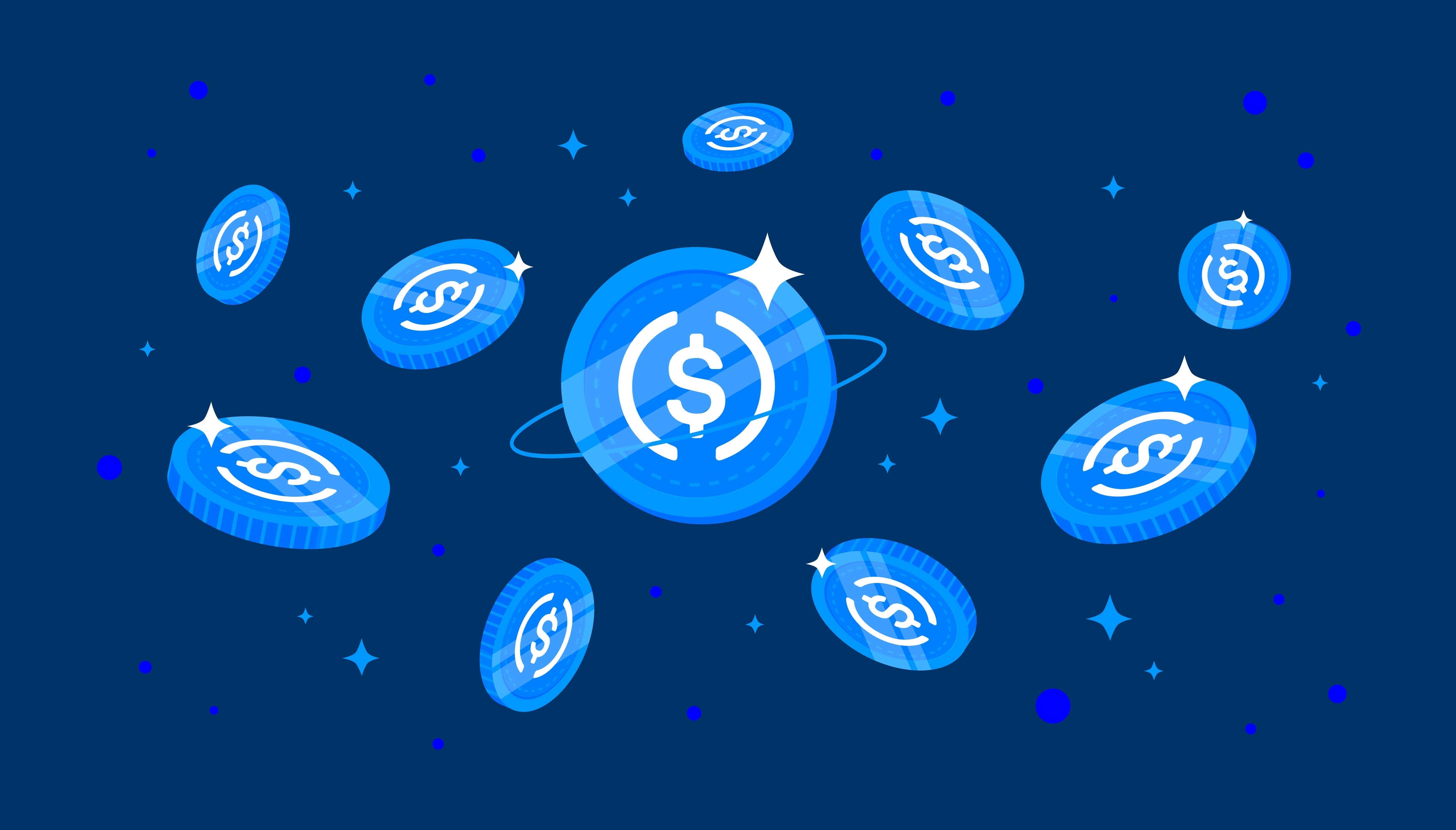 USD Coin (USDC) falling from the sky. USDC cryptocurrency concept banner background.