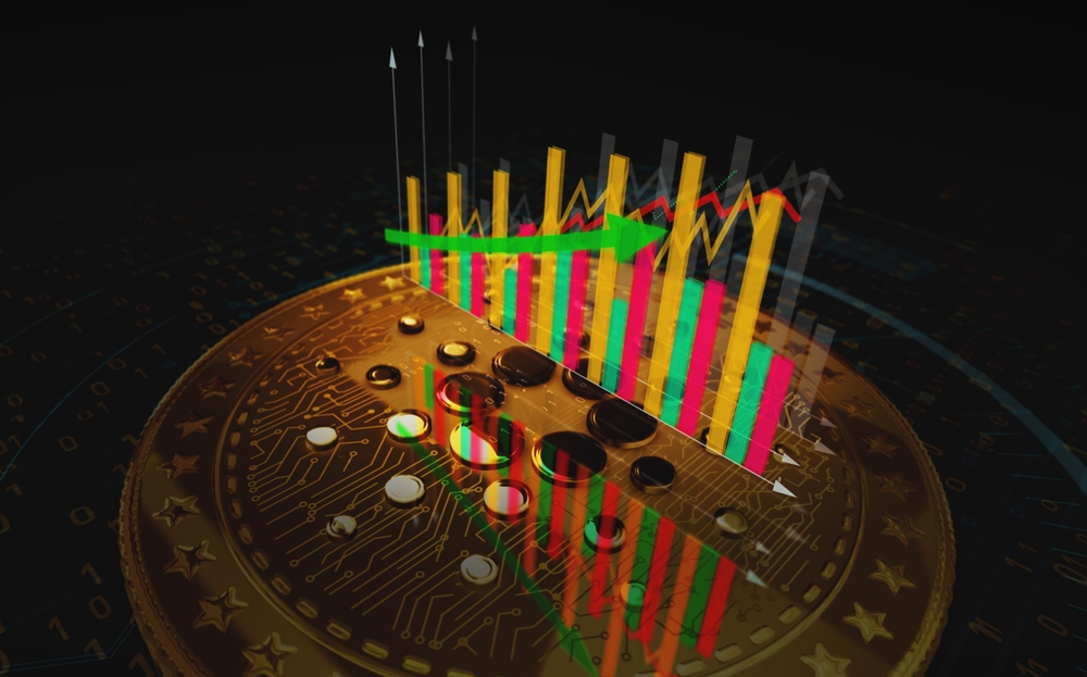 Cardano ADA cryptocurrency golden coin over the chart. Price trend graph with growing and falling line. Online payment and transaction abstract concept 3d illustration.