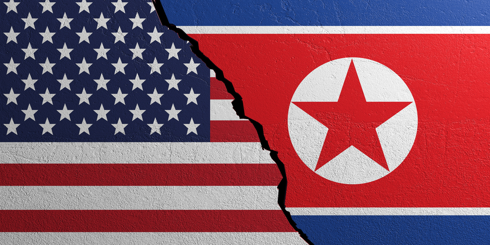 North Korea and US of America relationship. Flags on plastered cracked wall background. 3d illustration