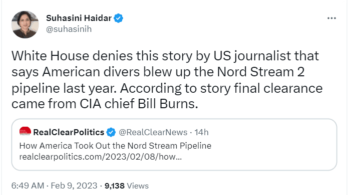 The White House has denied that President Joe Biden had a hand in the Nord Stream pipeline blast. Russia has threatened retaliation for the actions of the Biden Administration 