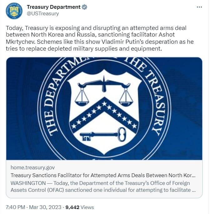 The US Treasury Department has sanctioned a Slovak man on charges that he facilitated a weapons trade between Russia and North Korea