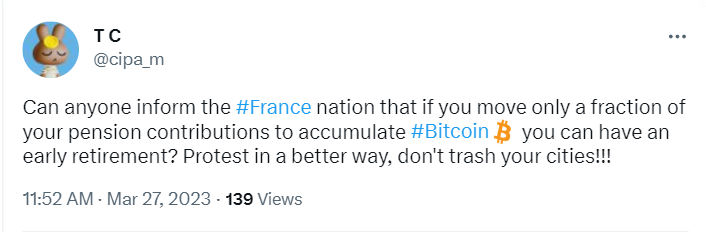 Many crypto investors are calling on French citizens to invest their retirement funds in Bitcoin (BTC) as President Emanuel Macron increases retirement age to 64