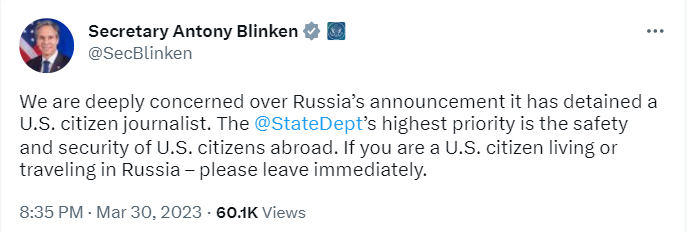 US Secretary of State Anthony Blinken expressed concern over the Russian arrest of the Wall Street Journal reporter 