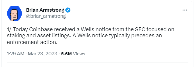 Coinbase CEO Brian Armstrong broke the news about the SEC notice on Twitter. Why is the SEC suing Coinbase but not Binance 