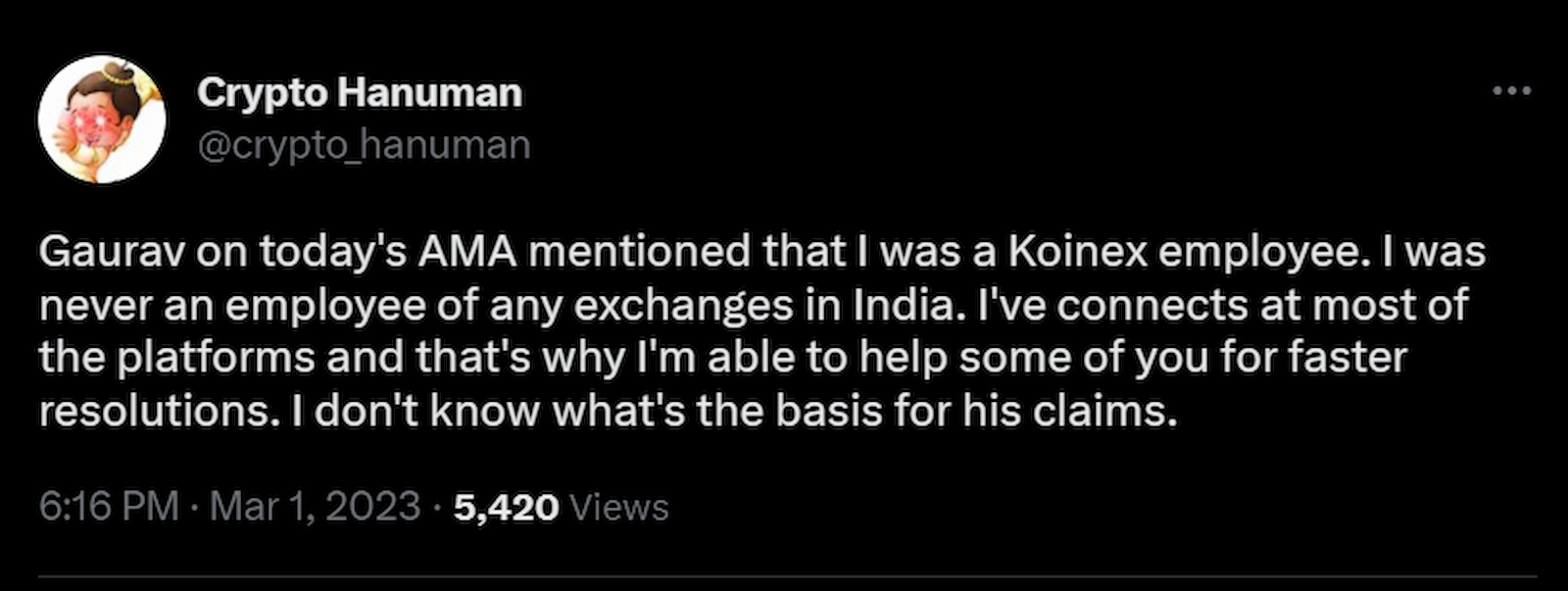 Crypto Hanuman claimed he has never been a Koinex employee.