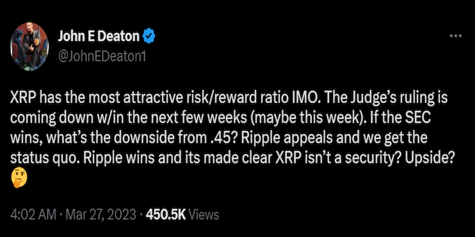 John E Deaton remained bullish of XRP's prospects in the Ripple SEC case