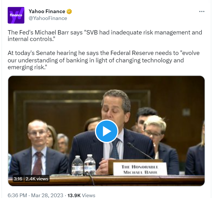 Fed regulator Michael Barr accused the Silicon Valley Bank of failing to implement adequate risk management ahead of its collapse during a hearing called by the Senate Banking Committee