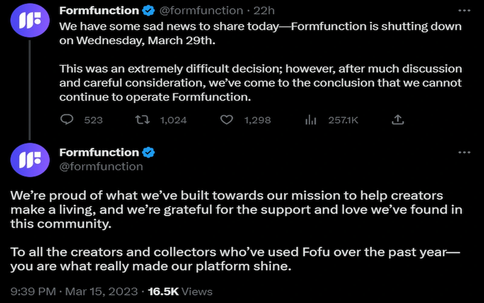 Formfunction thanked users and creators in its announcement.