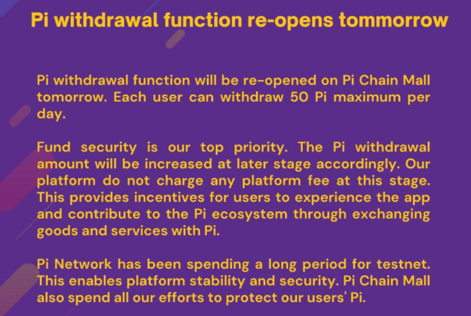 Pi Chain Mall reopened withdrawals on its platform