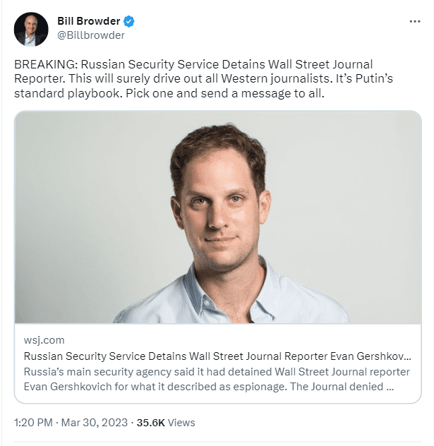 Russian security services arrested Evan Gershkovich., an American journalist working for the Wall Street Journal, on charges of espionage 