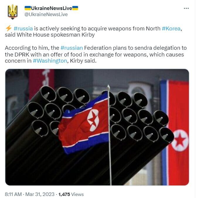 Russia is offering North Korea food in exchange of weapons it needs to wage war in Ukraine
