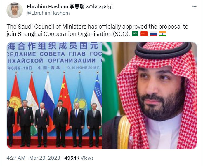 Saudi Arabia has joined the China-led military, political & economic pact, the Shanghai Cooperation Organization, which includes adversary Russia.