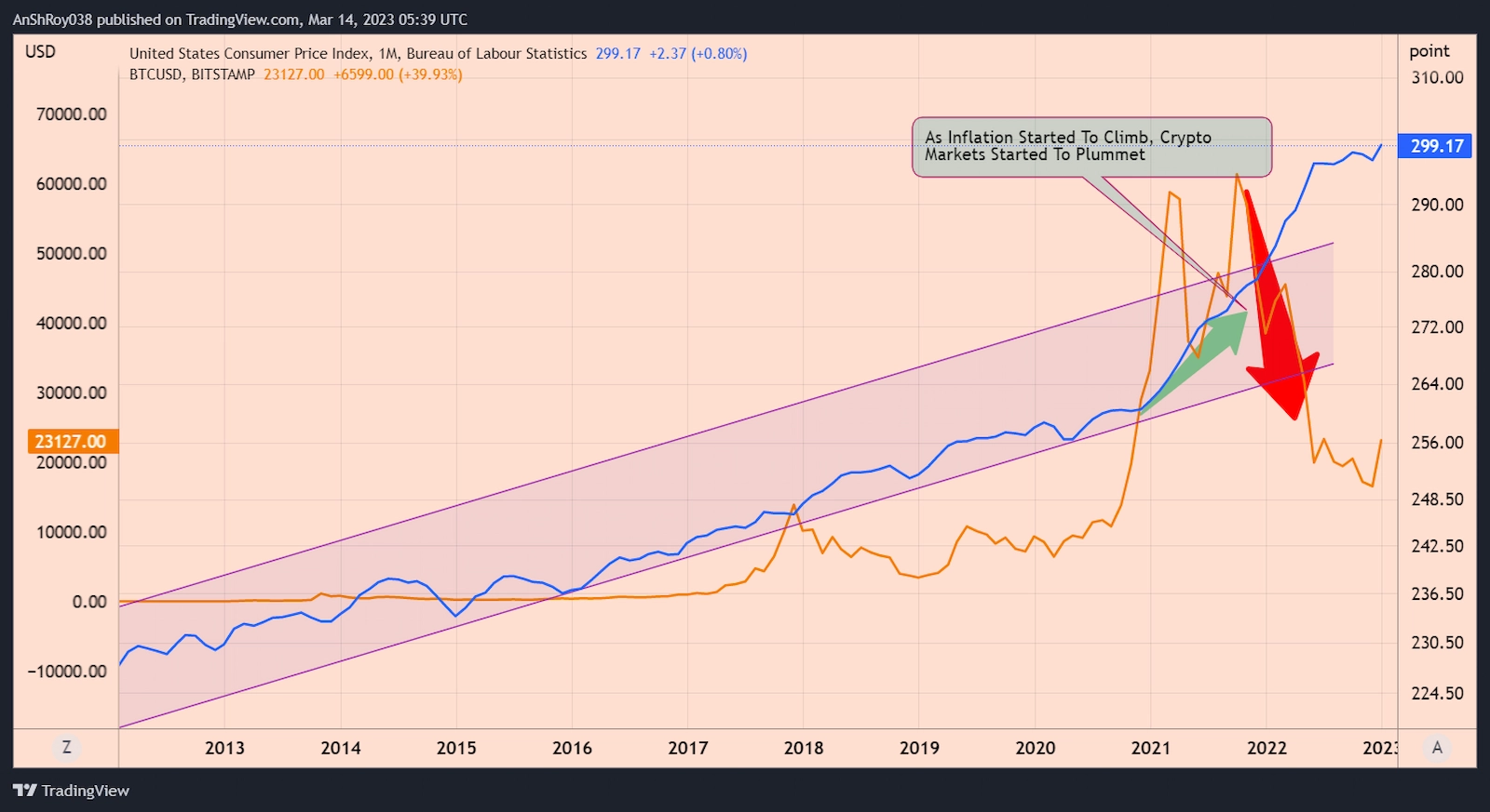 Comparison between US CPI and Bitcoin price action.