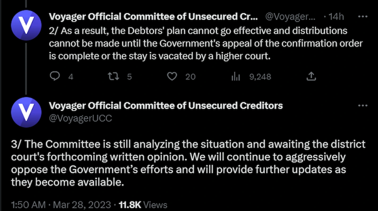 Voyager creditor committee stated it would continue providing further updates regarding the Binance deal