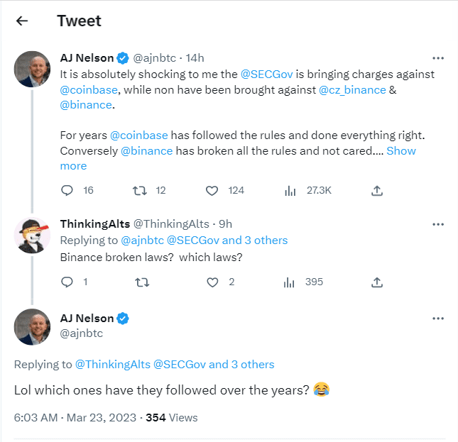 Some players in the crypto industry are questioning the SEC's targeting of Coinbase while ignoring Binance 