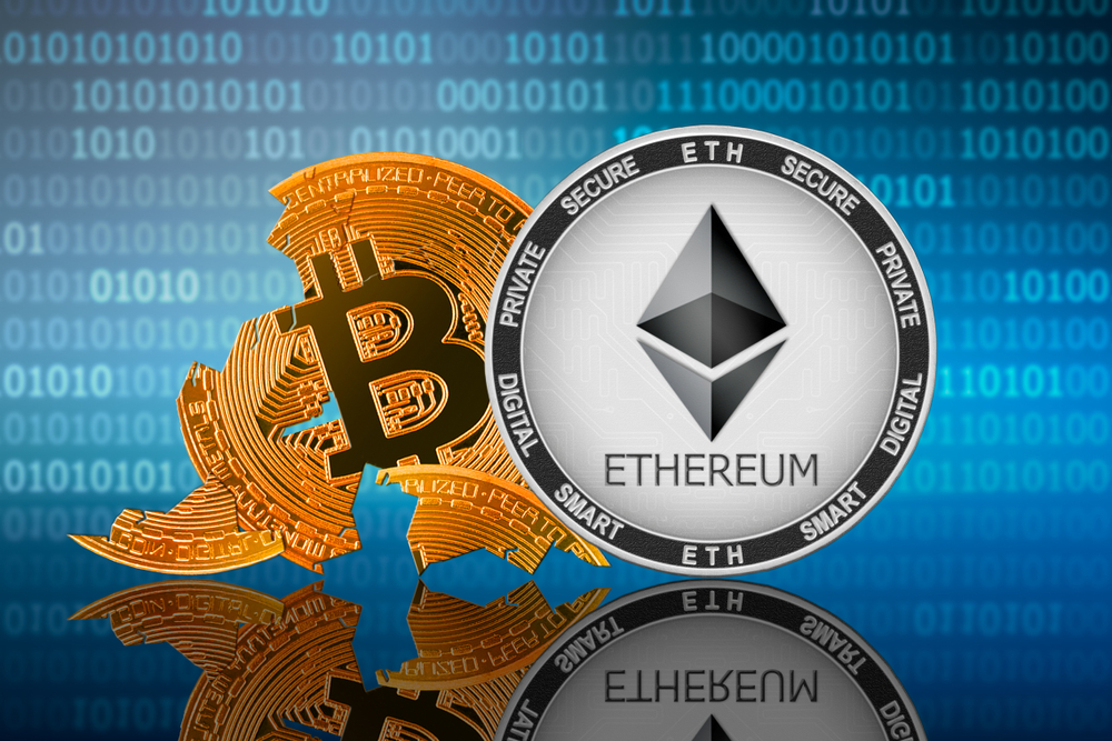 Ethereum coin stands in front of cracked coin bitcoin on binary code background; ethereum leader; bitcoin collapse