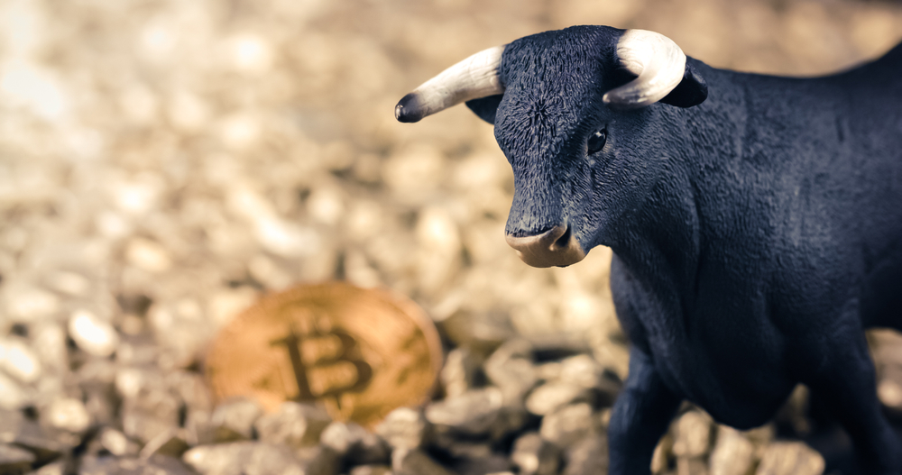 Bullish bitcoin price rise concept. Bull market and rising value on digital gold