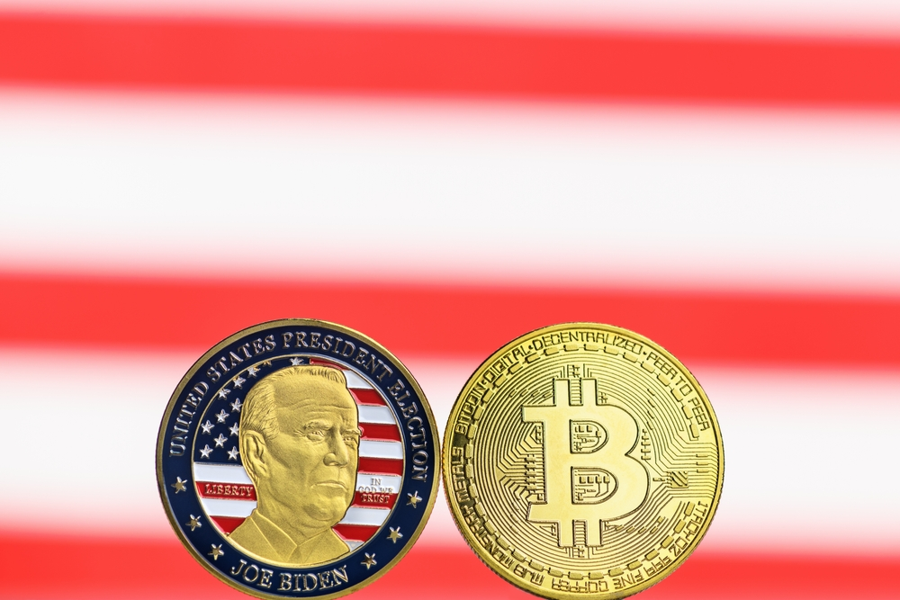Editorial use only; Coin of the President of the United States Joe Biden and Bitcoin. Coin and USA flag. Bitcoin mining concept, Kazakhstan, Almaty - October 25, 2021