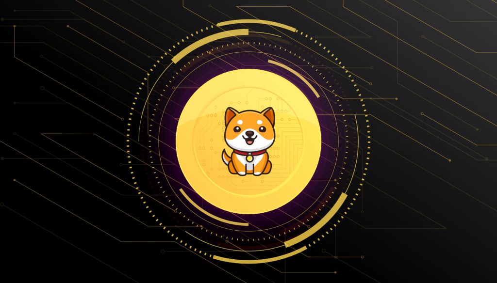 Baby Doge Coin (BABYDOGE) banner. BABYDOGE coin cryptocurrency concept banner background.
