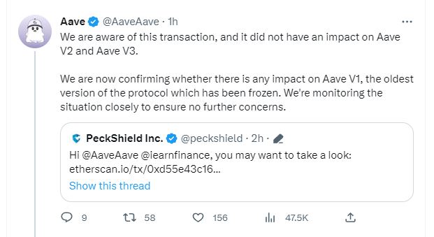 Yearn compromised, Yearn Compromised as Culprit Steals $10M — Aave Denies Impact
