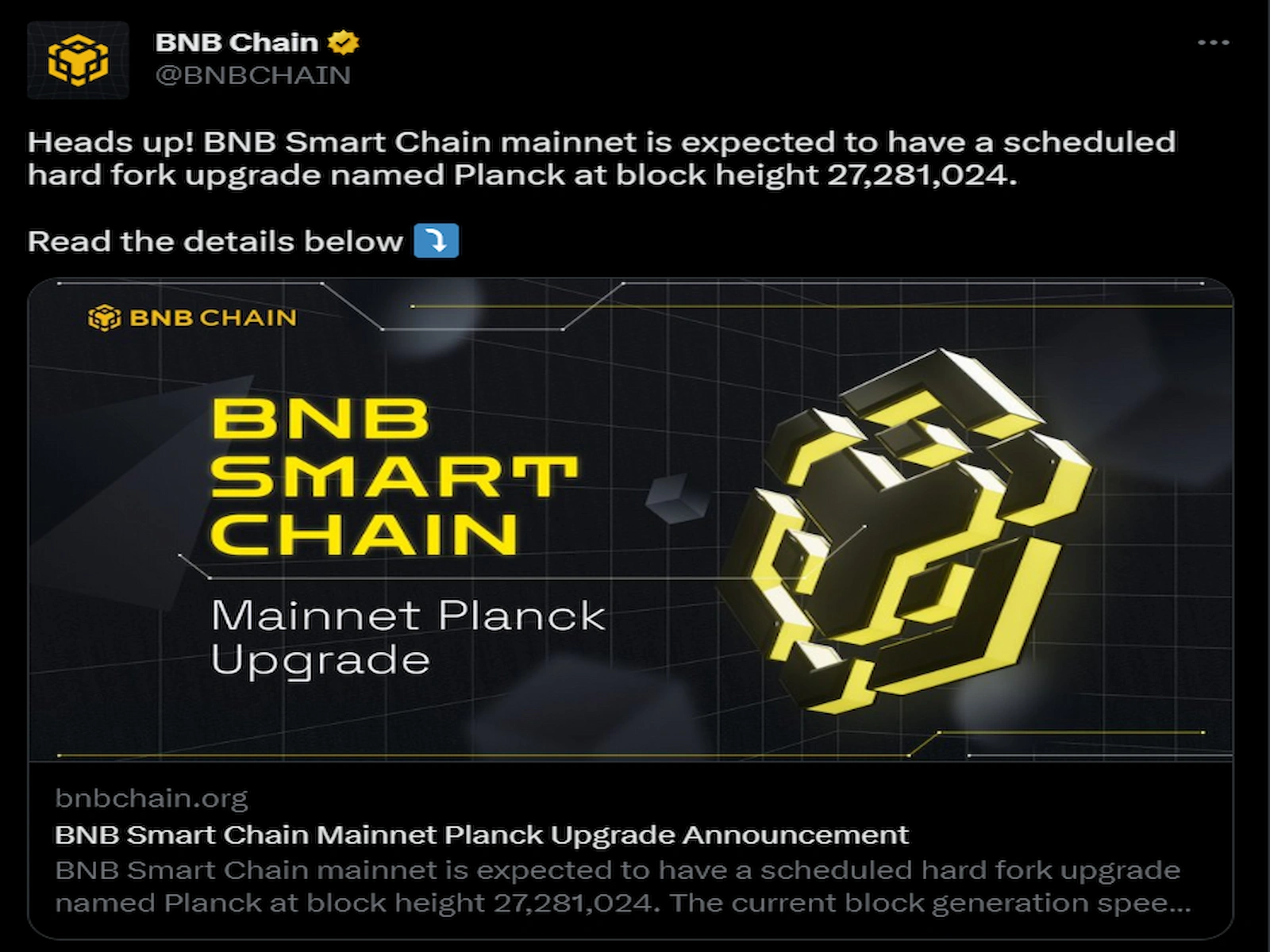 BNB smart chain set the Planck upgrade for a tentative date of April 12