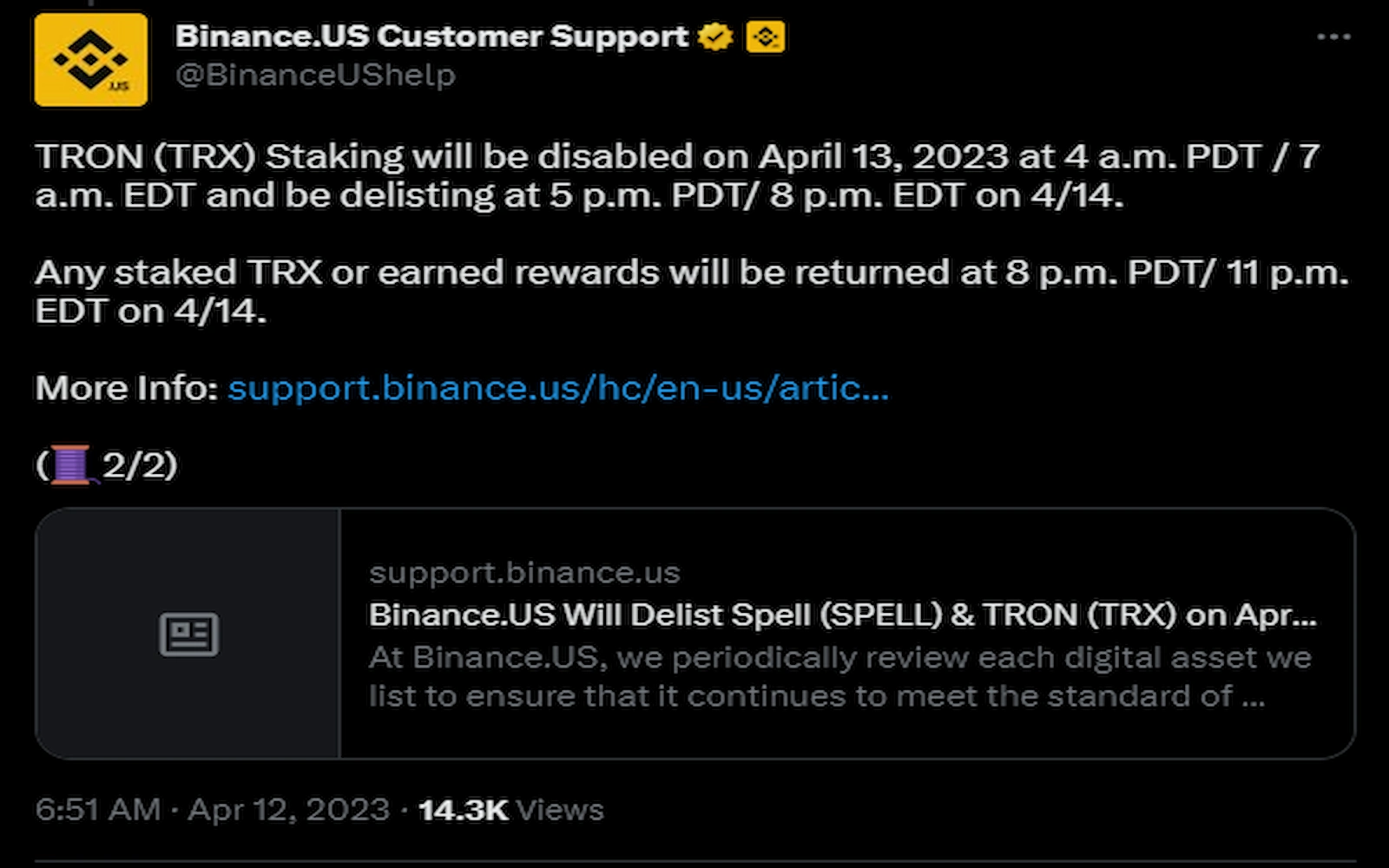 Binance US shared news of TRX delisting on April 14