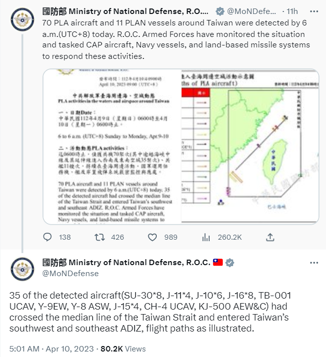Taiwan's Ministry of Defense spotted several Chinese war planes and vessels near its borders 