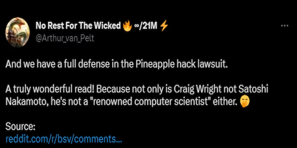 Craig Wright, &#8220;Craig Wright Is No Satoshi, Cannot Even Write Basic Code In C++&#8221; — Defence In Pineapple Lawsuit