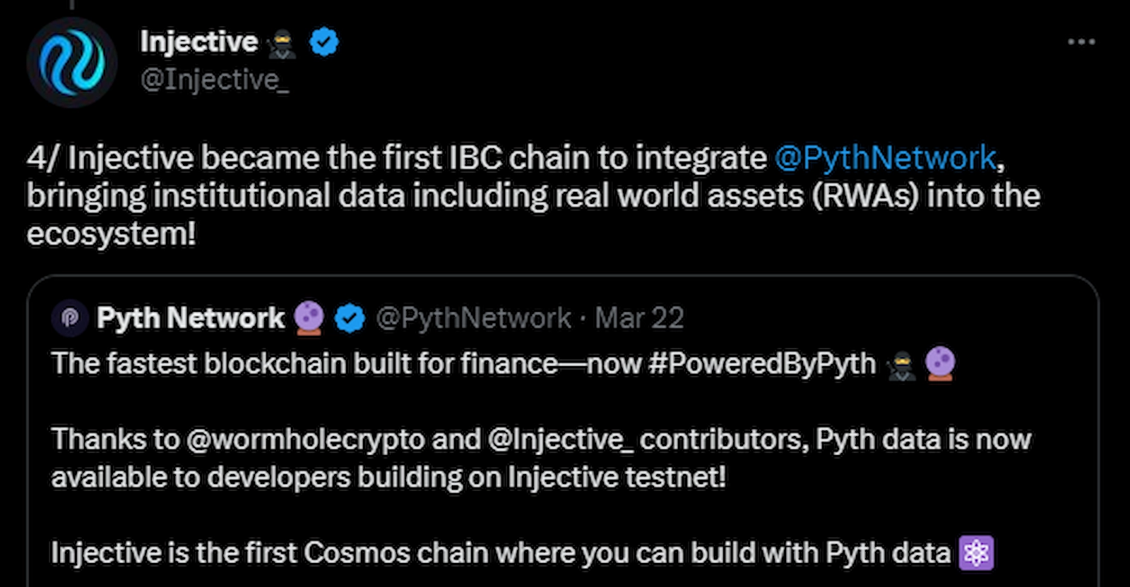Injective became the first chain to integrate the Pyth Network