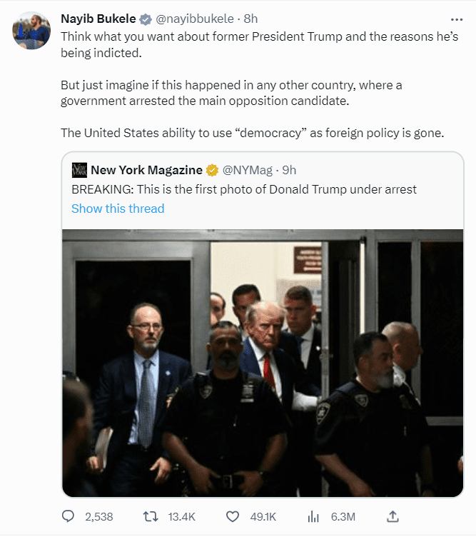 El Salvador President Nayib Bukele criticized Donald Trump's arrest and indictment