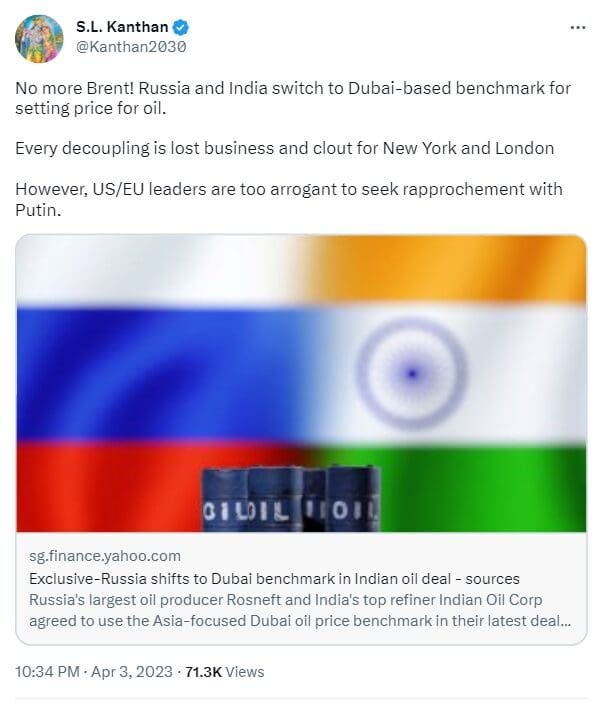 Russia and India have agreed to use the Dubai oil benchmark instead of Brent benchmark for oil deal